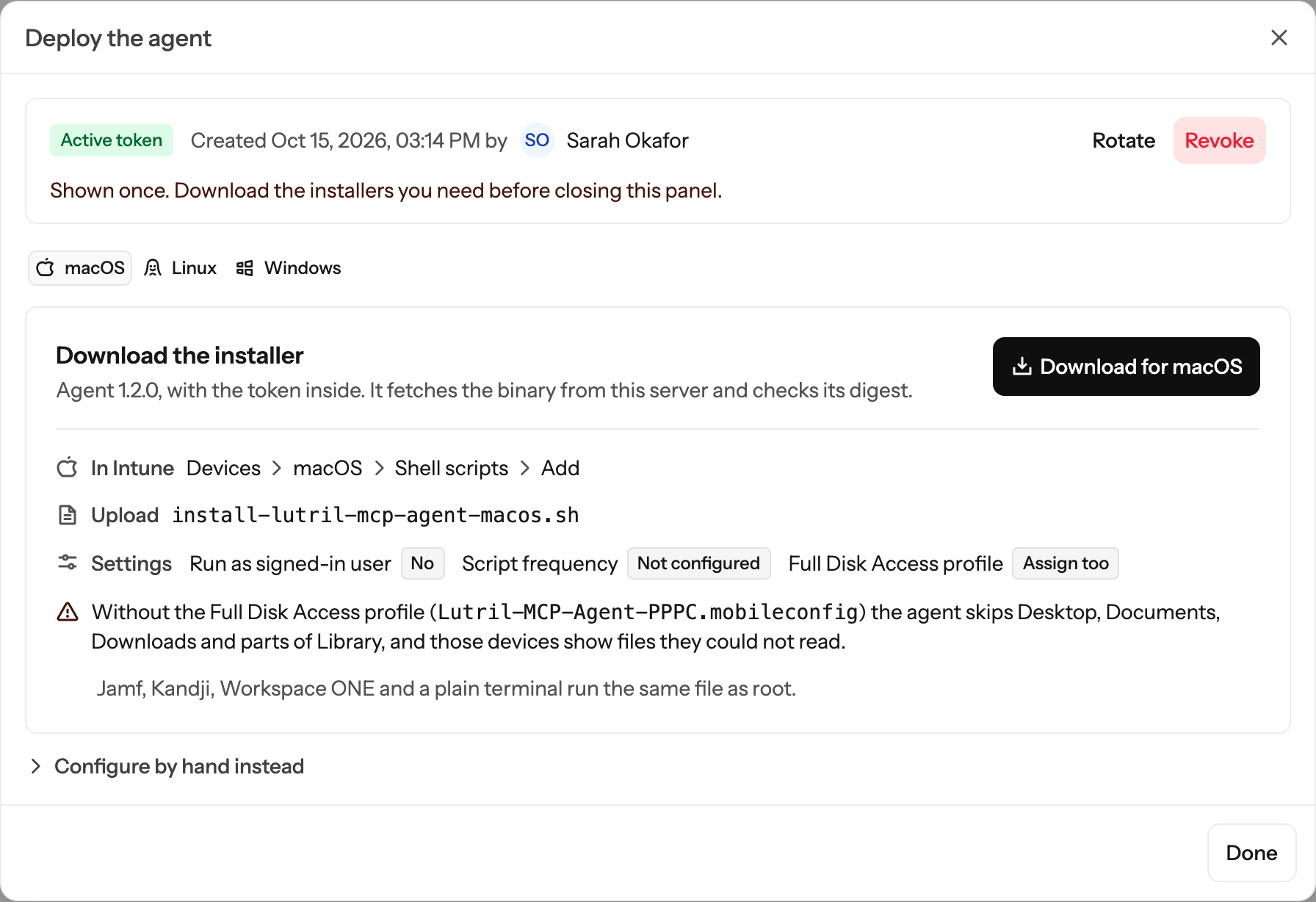 The Deploy the agent panel in Lutril: an active enrollment token, the platform switcher, the Download the installer block and the settings each MDM asks for